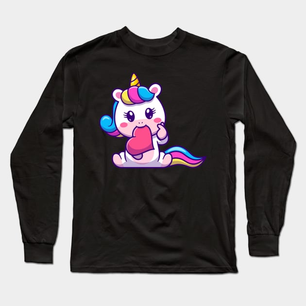 Cute Unicorn Bite Love With Love Sign Hand Cartoon Long Sleeve T-Shirt by Catalyst Labs